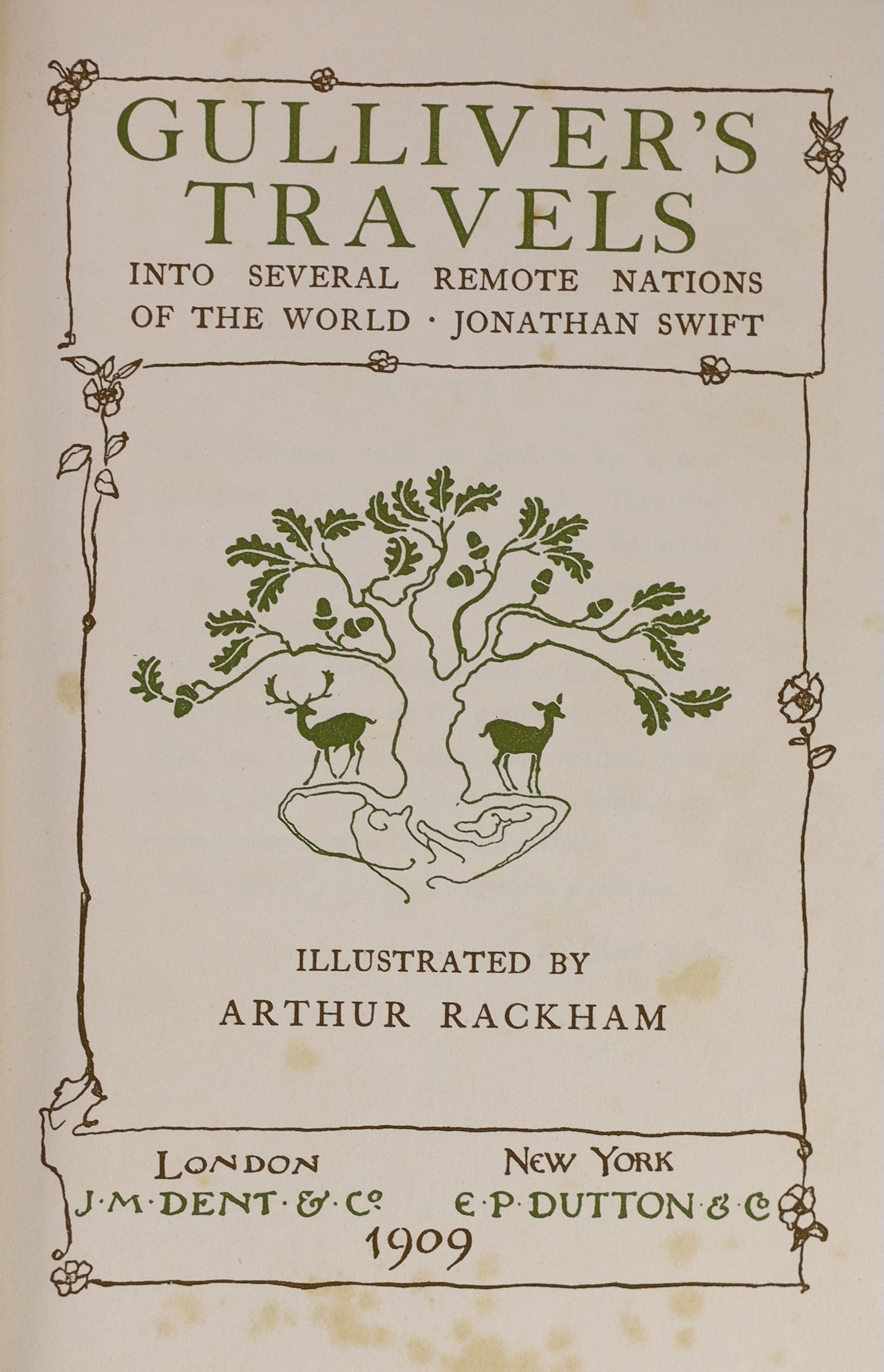 Swift, Jonathan - Gulliver’s Travels, illustrated with 12 coloured plates by Arthur Rackham, 8vo, blue pictorial cloth gilt, J.M. Dent & Co., London, 1909